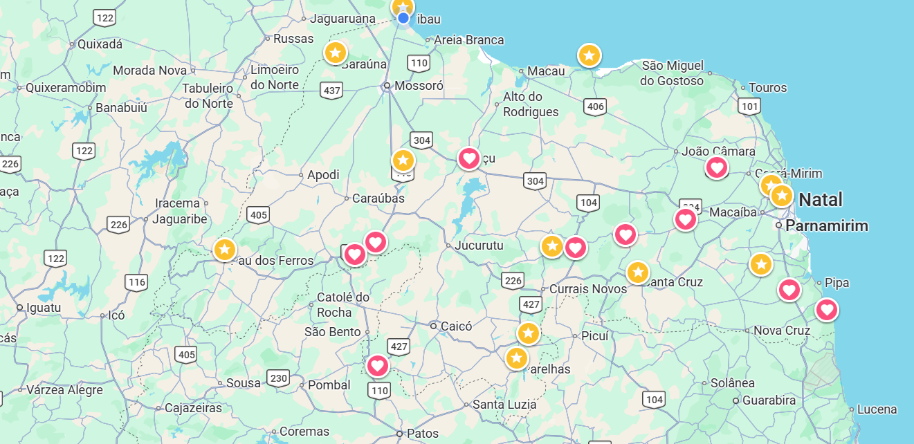 Mapa dos 20 municípios do Rio Grande do Norte com Sala do Empreendedor Online